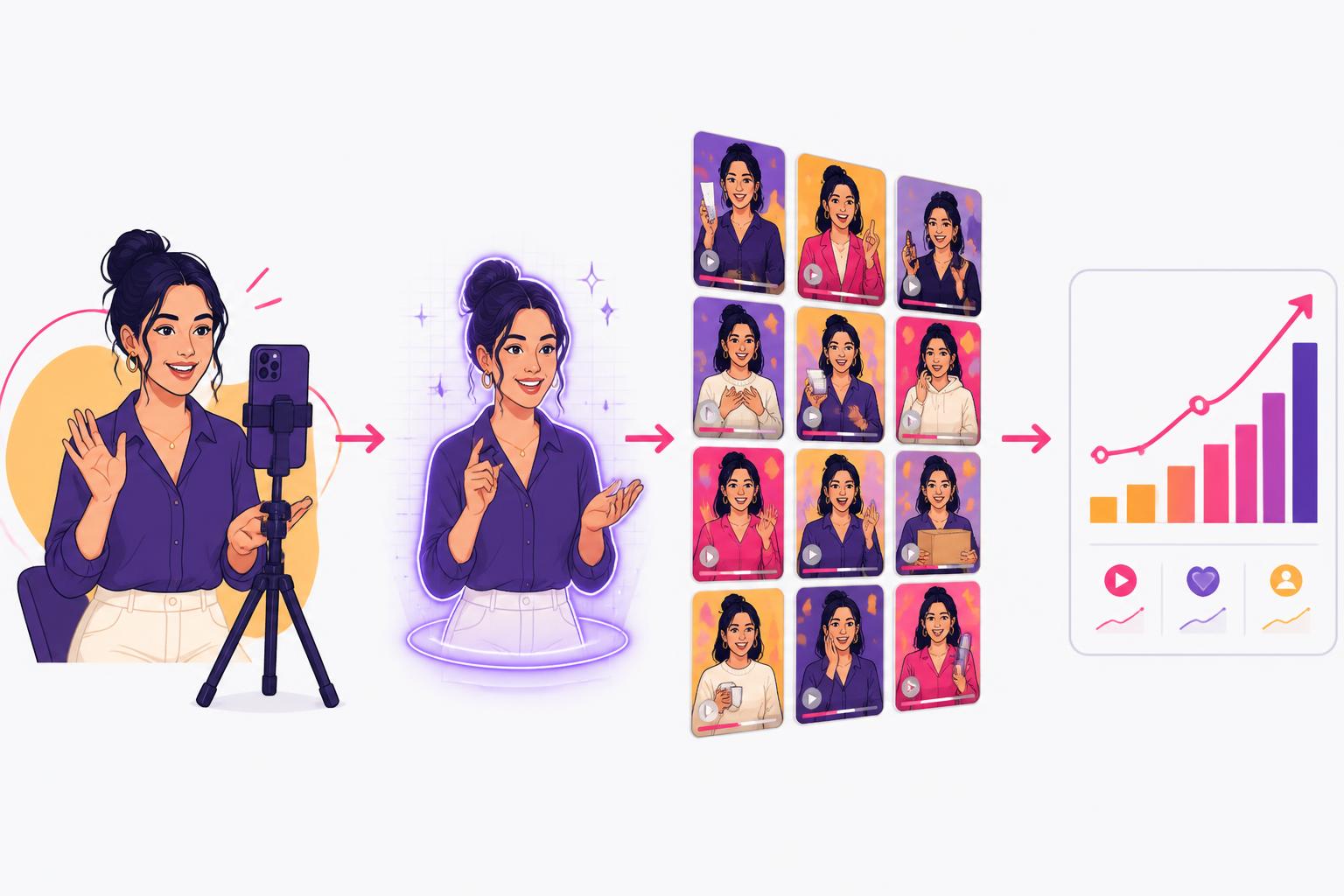 Four-step workflow illustration: recording once on a phone, an AI clone of the performer, a batch of short vertical video ads, and rising ad performance